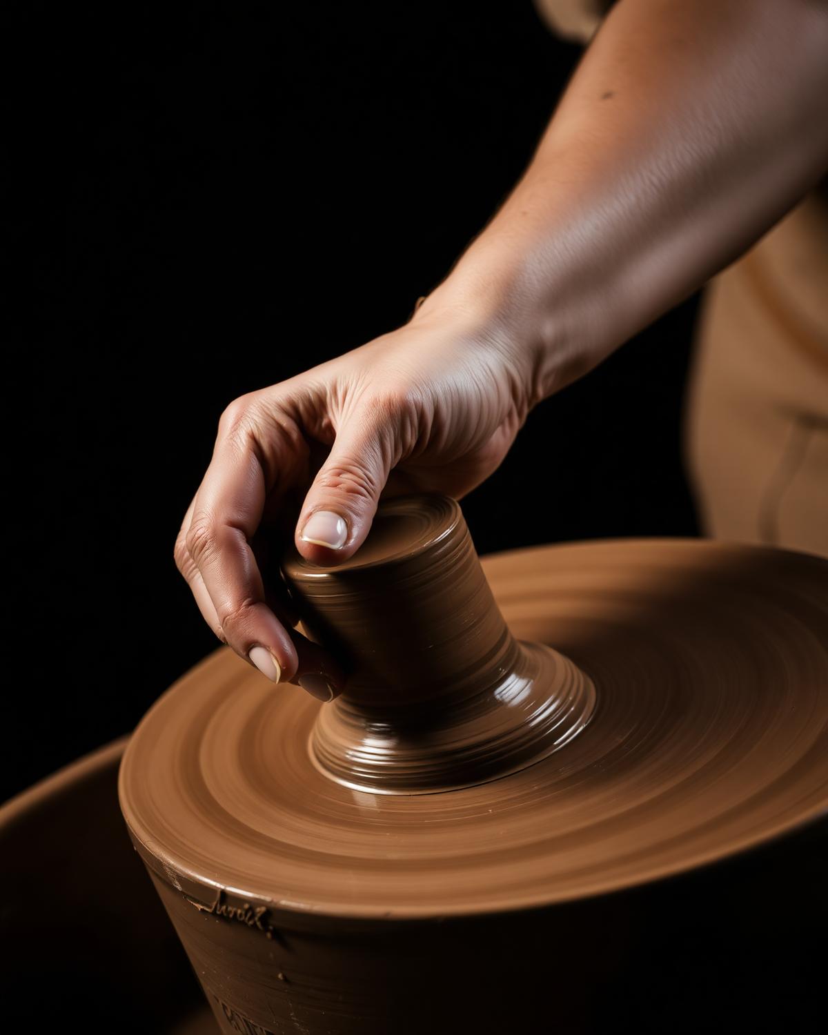 Hands shaping a terracotta vessel on the wheel