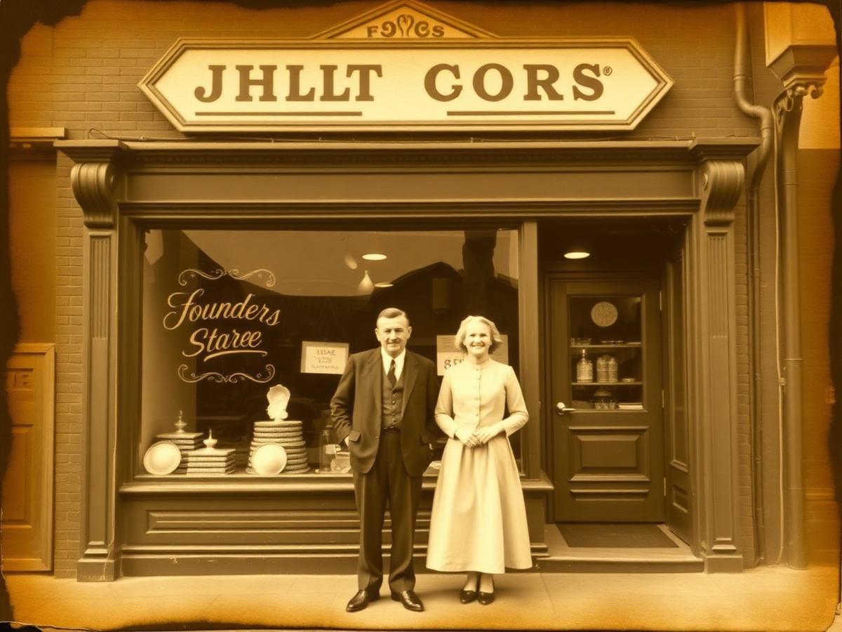 Sepia archival photo of Henri and Margot Argile in front of their first storefront, 1952